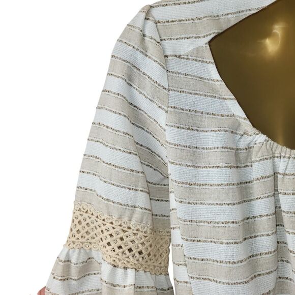 NEW POL Small Mini Cotton Dress or Cover-Up Open Embroidery Cream Tan Stripe - Picture 11 of 16